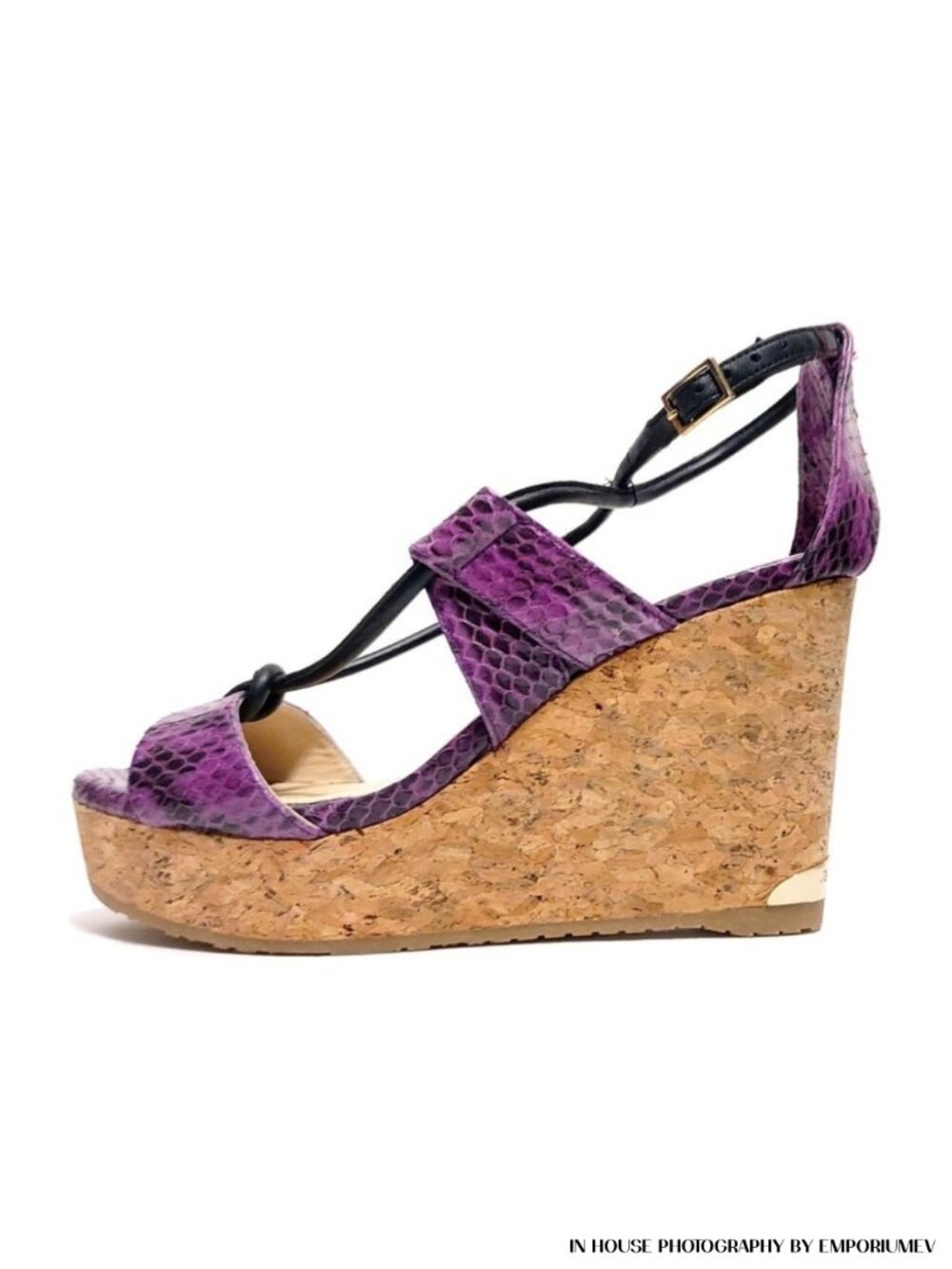 Jimmy Choo Portia 100 Purple Snakeskin Print Women 37.5 EUR 7.5 US Wedge Sandals